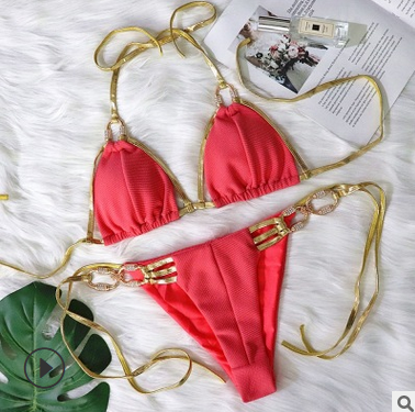 Golden Bandage Sexy Halter Bikini Crystal Diamond Swimsuit