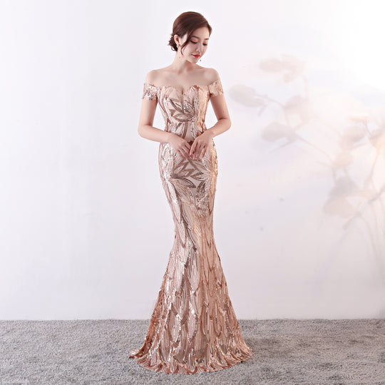Off the Shoulder Gown Long Fish Tail Sequined Evening Dress Slim Fit Slimming Dress
