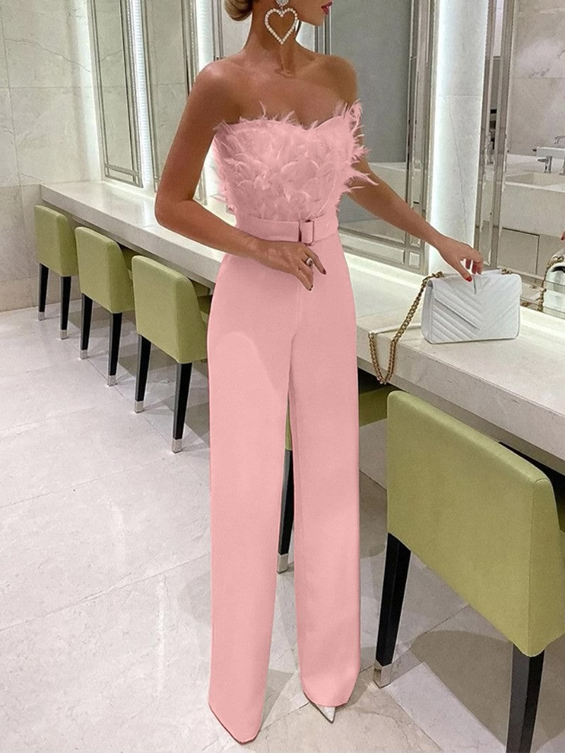 Spring Summer Feather Tube Top Sexy Jumpsuit