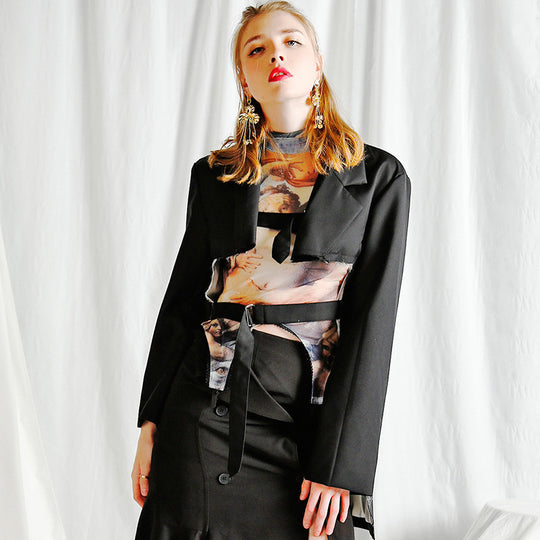 Women Spring High Low Top Unique Irregular Asymmetric Designer Mid Length Long Sleeve Coat