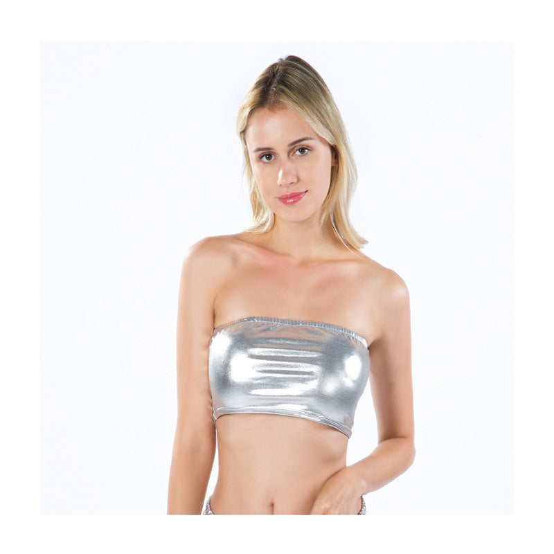 Women Clothes Nightclub Stage Wear Chest-Wrapped Patent Leather Solid Color Tube-Top Bottoming Shirt Performance Wear