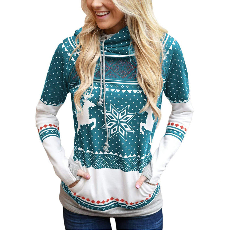 Autumn New Christmas Printing Pocket Long Sleeve Hooded Casual Hoodie Women