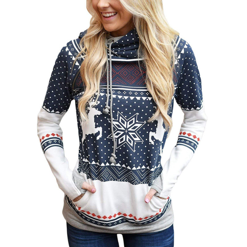 Autumn New Christmas Printing Pocket Long Sleeve Hooded Casual Hoodie Women