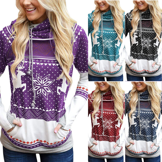 Autumn New Christmas Printing Pocket Long Sleeve Hooded Casual Hoodie Women