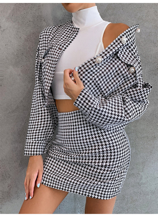 Casual Short Set Long-Sleeved Single-Breasted Top High Waist Hip-Wrapped Skirt Sports Two-Piece Set