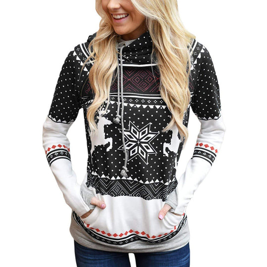 Autumn New Christmas Printing Pocket Long Sleeve Hooded Casual Hoodie Women