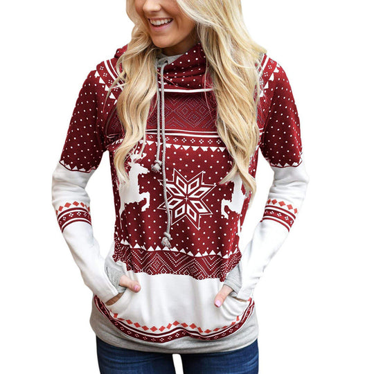 Autumn New Christmas Printing Pocket Long Sleeve Hooded Casual Hoodie Women