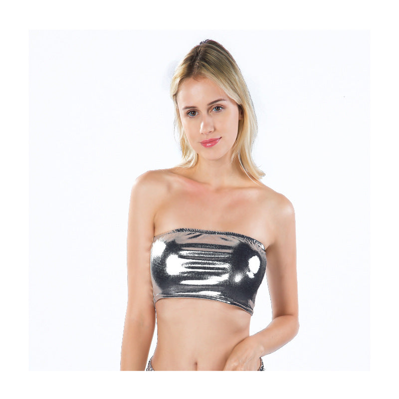 Women Clothes Nightclub Stage Wear Chest-Wrapped Patent Leather Solid Color Tube-Top Bottoming Shirt Performance Wear