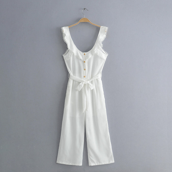 Spring Summer V-neck Sleeveless Fitted Waist  Ruffled Front Row Buttons Drawstring Casual Jumpsuit