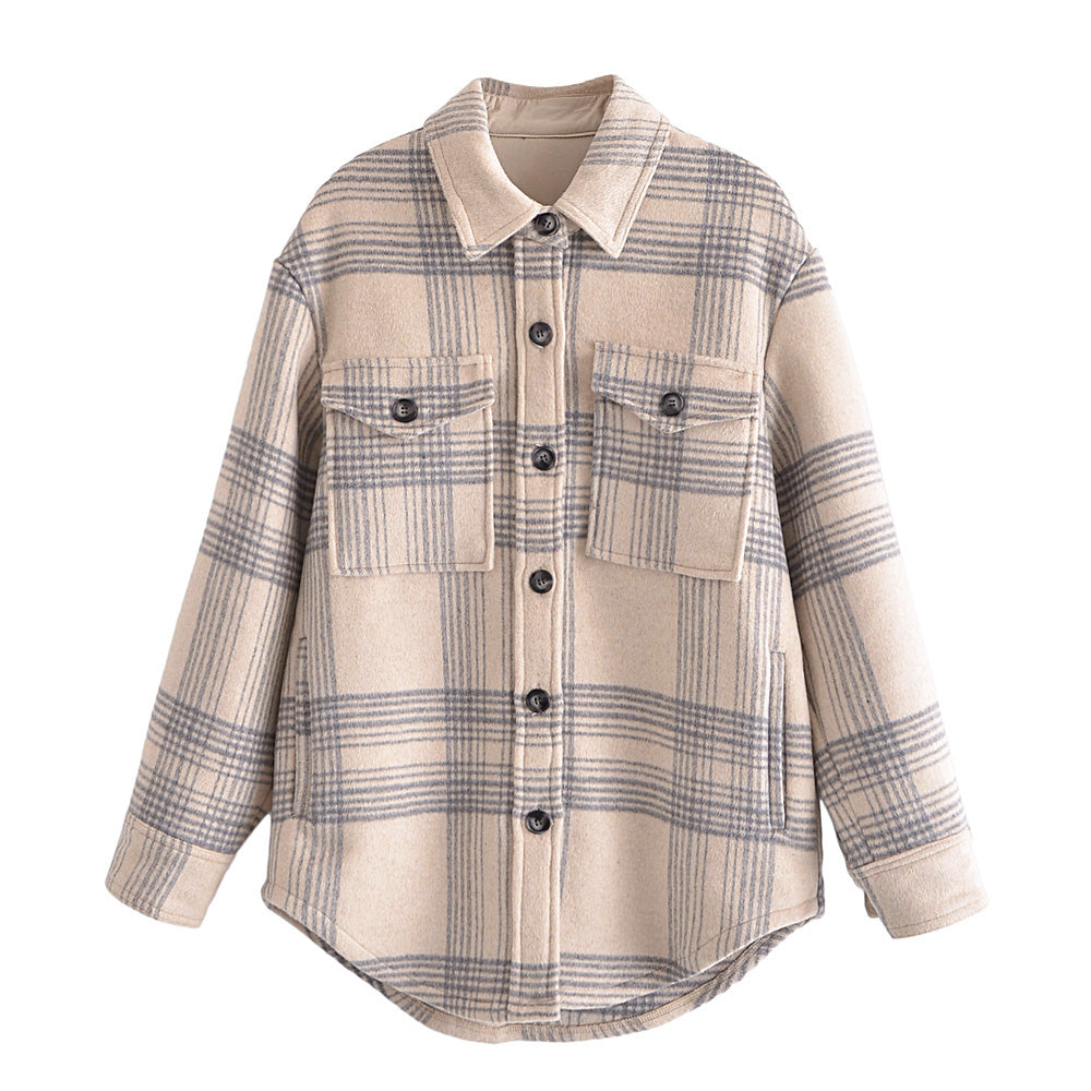 Autumn Retro Loose Wool Blended Plaid Woolen Shacket Women