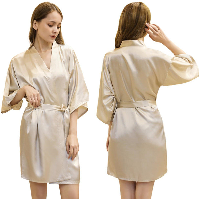 Ladies Robe Artificial Silk Satin Kimono Gown Glossy Solid Color Thin Cardigan Gown Summer Sexy Short Bathrobe