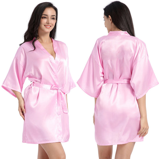 Ladies Robe Artificial Silk Satin Kimono Gown Glossy Solid Color Thin Cardigan Gown Summer Sexy Short Bathrobe