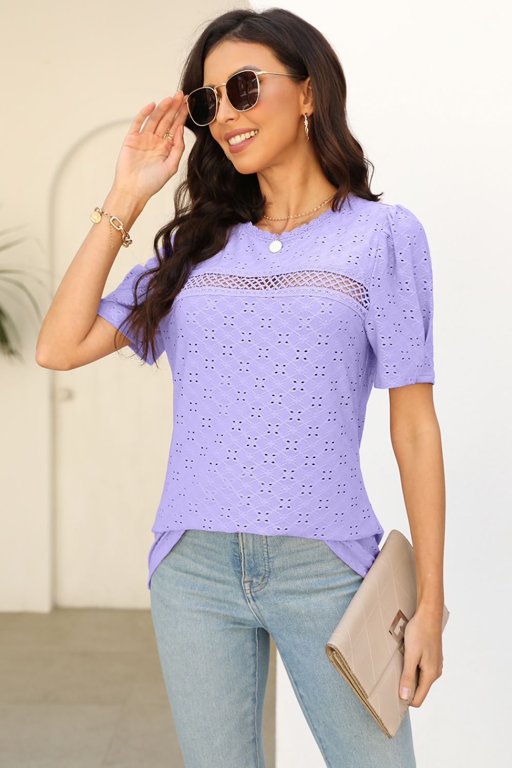 Eyelet Round Neck Short Sleeve T-Shirt