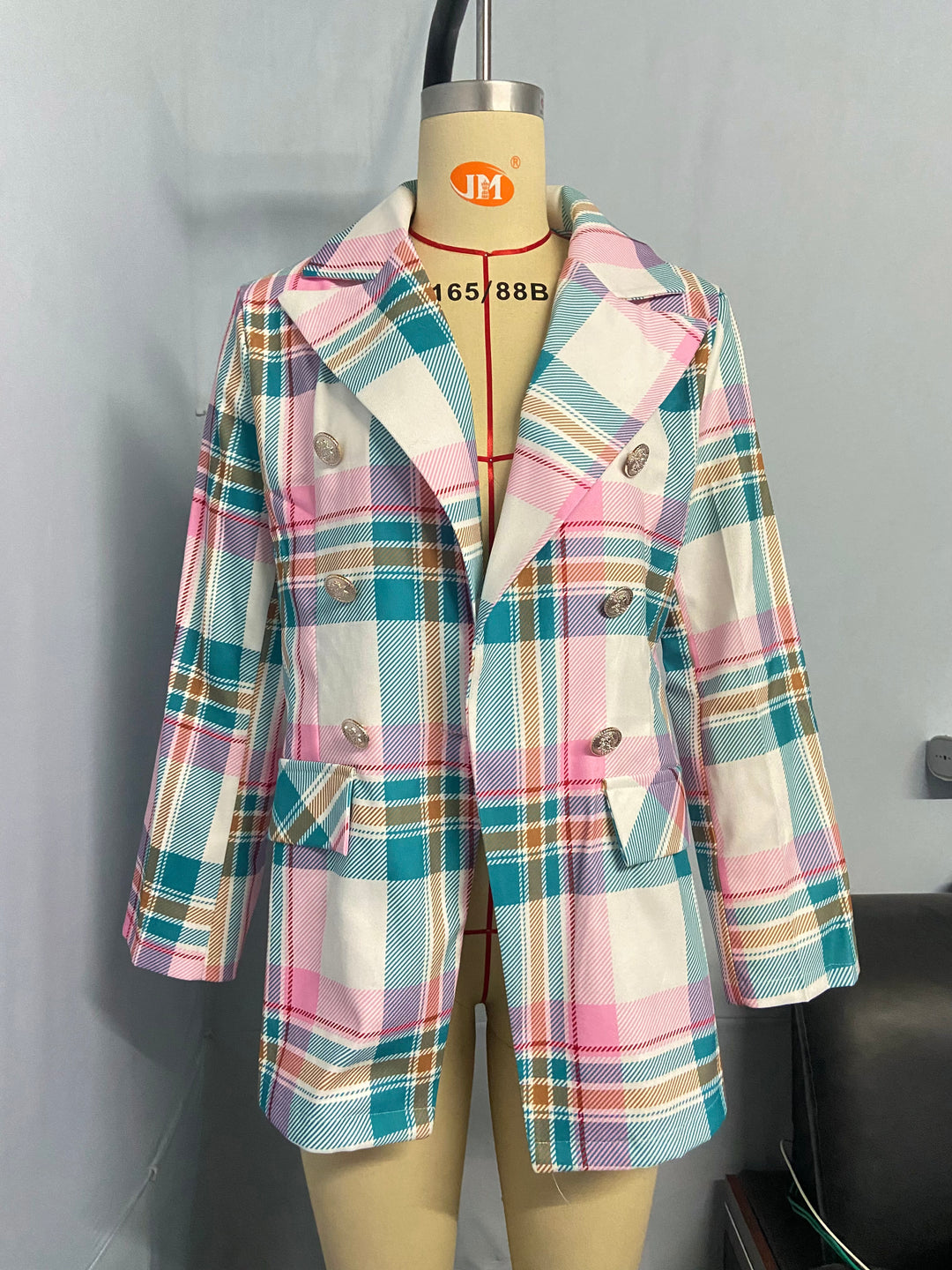 Women Clothing Digital Printing Plaid Coat Polo Collar Slim Fit Small Blazer Outerwear