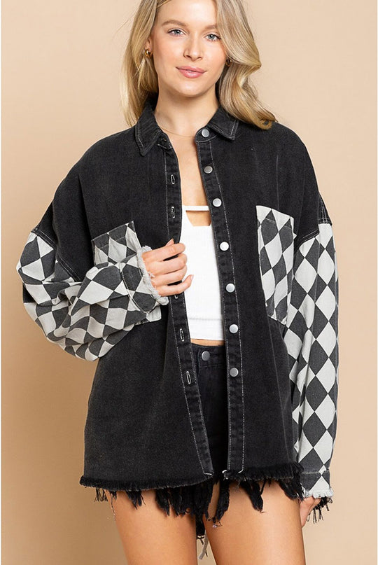 Autumn Winter Coat Chessboard Grid Stitching Baggy Casual Jacket Grid