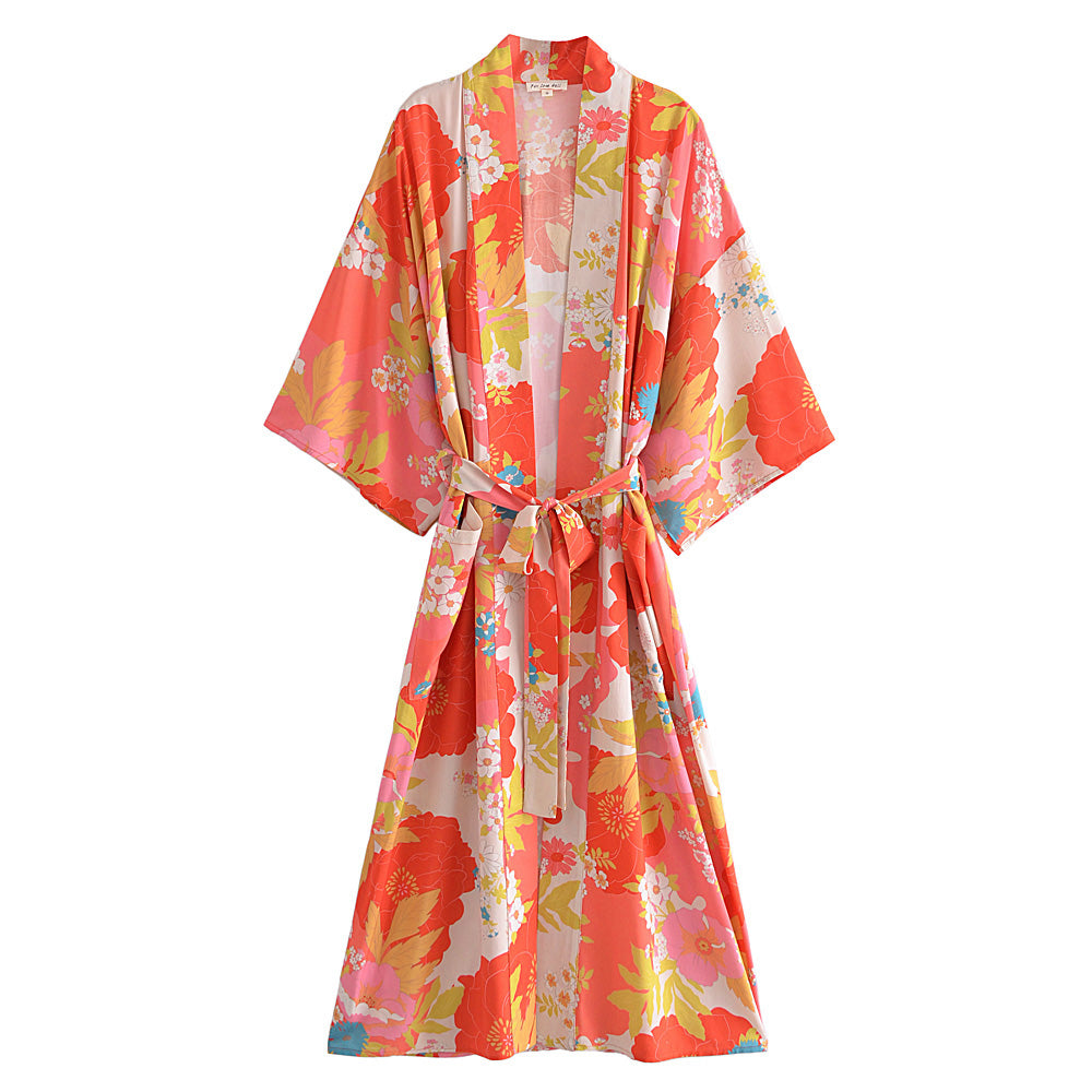 Summer Women Clothing Slimming Printed Loose Lace-up Robe