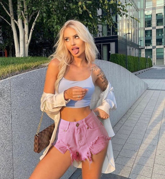 Women Clothing High Waist Slim-Fit Worn Irregular Asymmetric Leak Pocket Nightclub Pants Ghost Pink Beach Denim Shorts