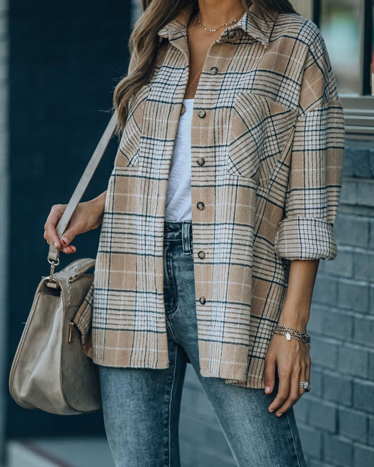 Spring Plaid Jacket Long-Sleeved Collared Loose Women Shirt