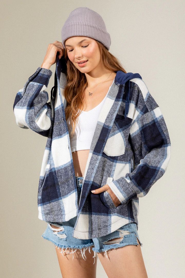 Women Autumn Winter Plaid Shirt Hooded Drawstring Long Sleeve Button Front Hoodie Coat Jacket Pocketed Shacket Shirts Coats