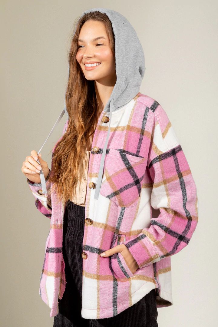 Women Autumn Winter Plaid Shirt Hooded Drawstring Long Sleeve Button Front Hoodie Coat Jacket Pocketed Shacket Shirts Coats