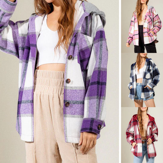 Women Autumn Winter Plaid Shirt Hooded Drawstring Long Sleeve Button Front Hoodie Coat Jacket Pocketed Shacket Shirts Coats