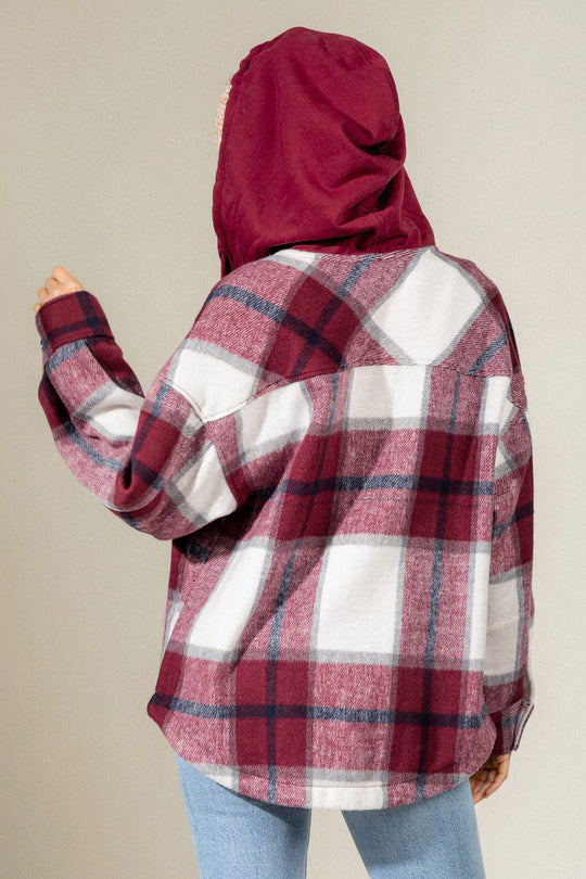 Women Autumn Winter Plaid Shirt Hooded Drawstring Long Sleeve Button Front Hoodie Coat Jacket Pocketed Shacket Shirts Coats