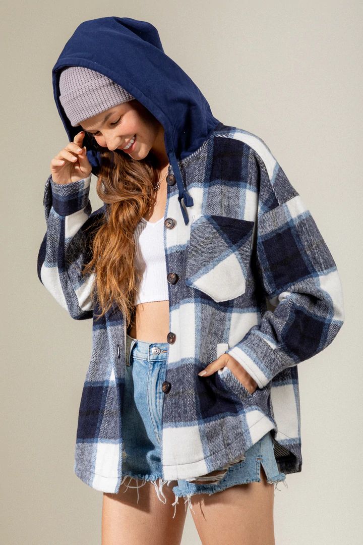 Women Autumn Winter Plaid Shirt Hooded Drawstring Long Sleeve Button Front Hoodie Coat Jacket Pocketed Shacket Shirts Coats