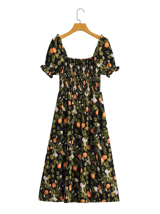 Summer Women Clothing Square Collar Short Sleeve Elastic Waist Mid Length Printed Dress for Women