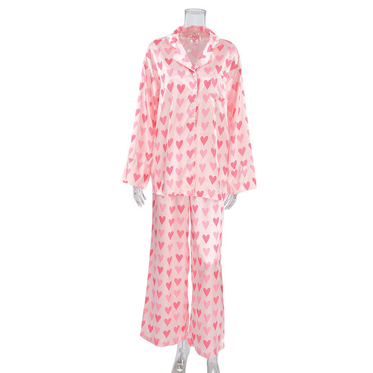 Summer Satin Heart Printing Cardigan Long Sleeve Pants Pajamas Two Piece Set Loose Skin-Friendly Ladies Homewear