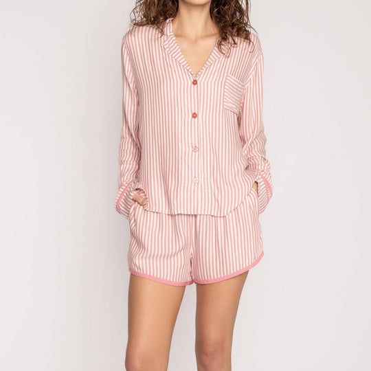 Two Piece Ladies Homewear Striped Pajamas Long Sleeve Shorts Set