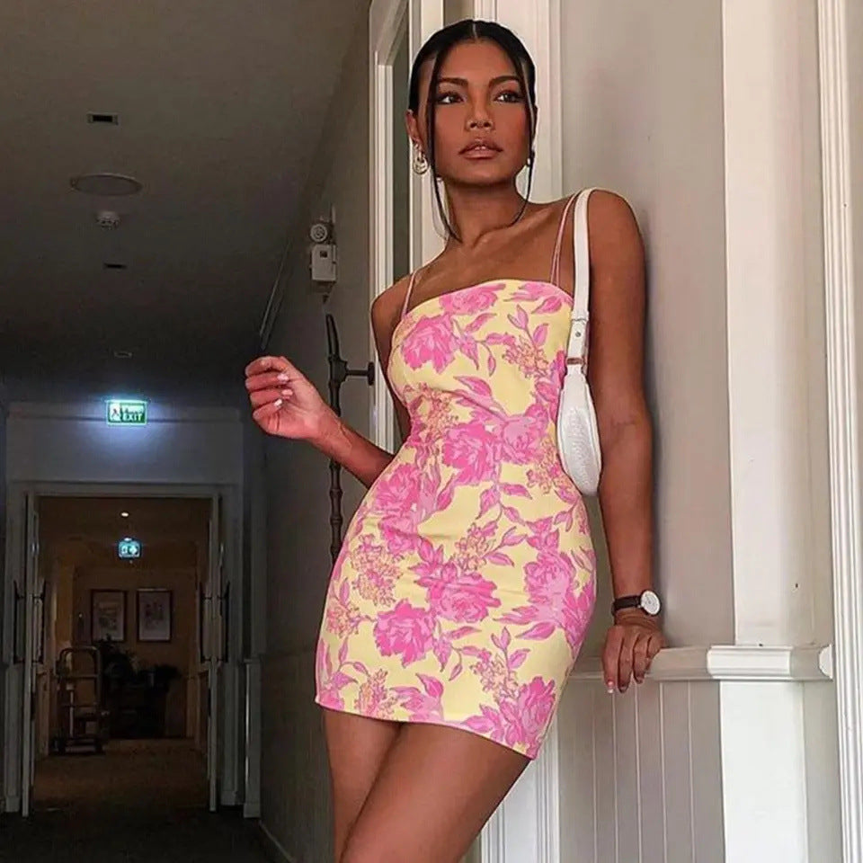 Women Clothing Bandeau Sling Dress Sexy Rose Print Sexy Hip Dress for Women