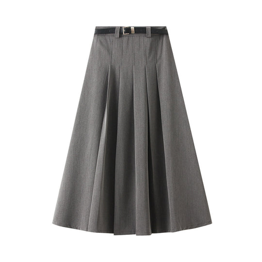Gray Mid Length Skirt Women Autumn High Waist Slimming Casual Pleated Skirt with Belt