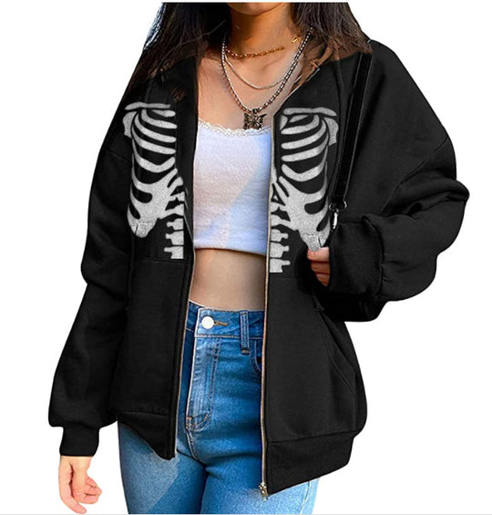 Spring Autumn Casual Hoodie Halloween Skull Print Pullover Double Hooded Top Women