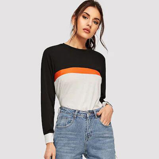 Spring Summer Women Clothing round Neck Pullover Solid Color Stitching Long Sleeve T Top Women Sweatshirt