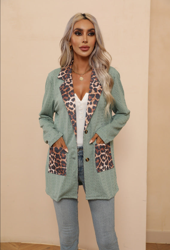 Women Clothing Leopard Splicing Cardigan Women Collared Blazer Tops