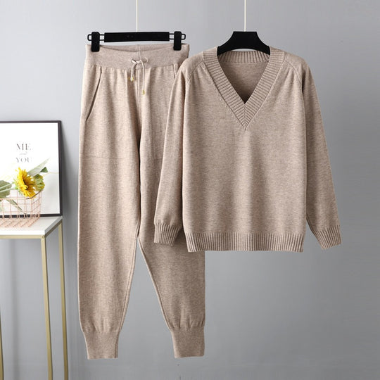 Autumn Winter Sweater Harem Pants Suit Russian Casual Sweater Pullover Two Piece Set