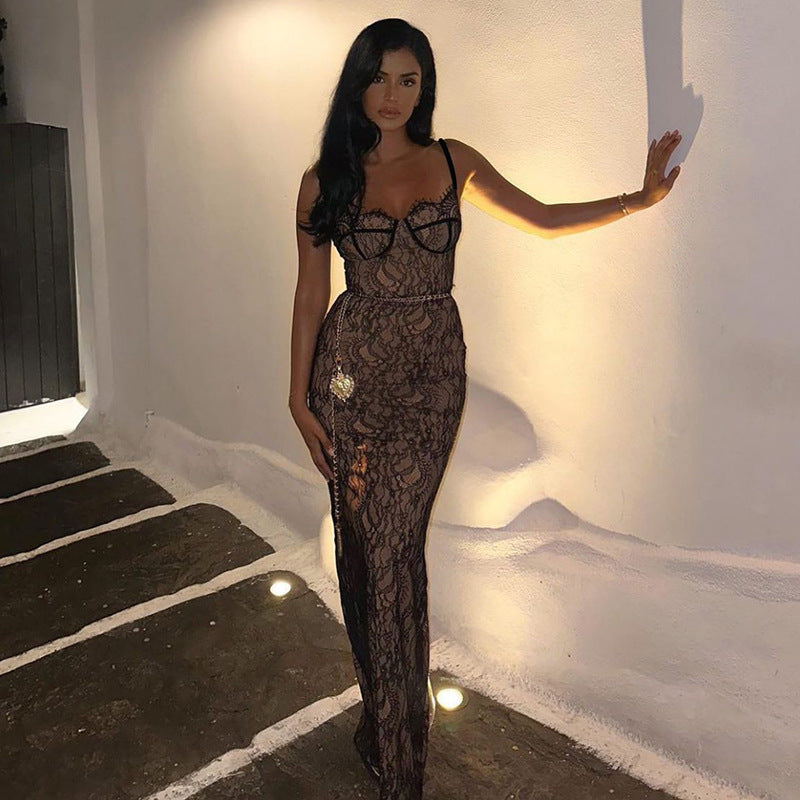 Sexy Lace Stitched Backless Sleeveless Split Maxi Dress