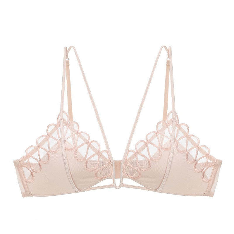 French Mesh Embroidered Underwear Women Thin Section Without Steel Ring Triangle Cup Sexy Bra Set Bralette