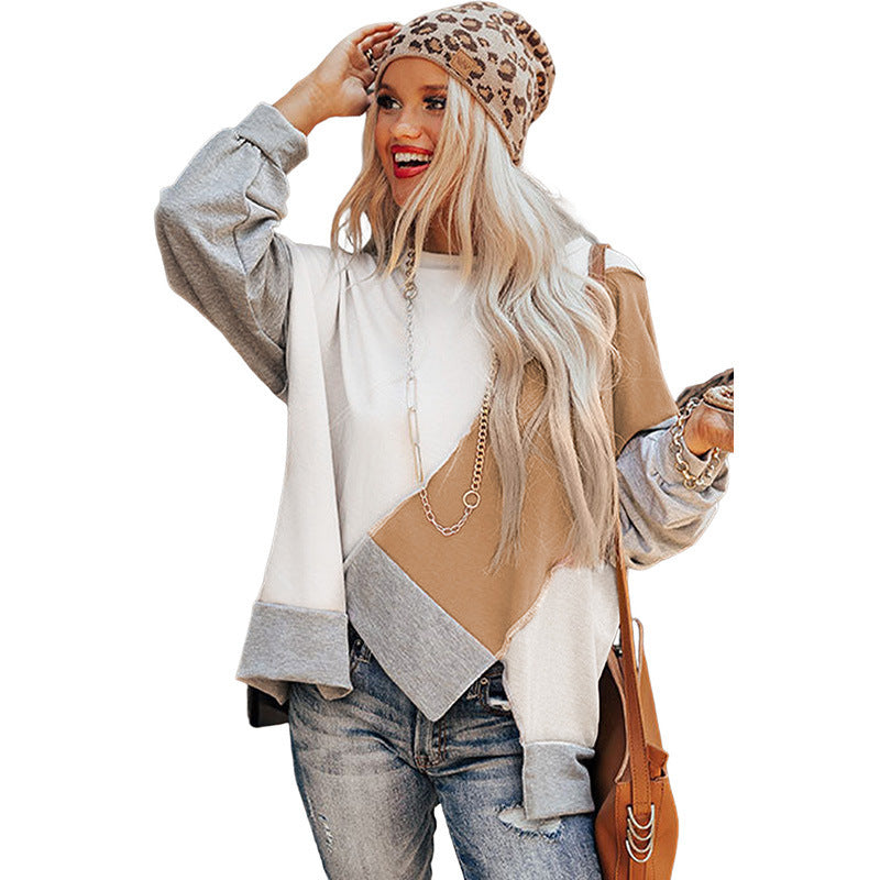 Top Women Autumn Loose Irregular Asymmetric Long Sleeve Contrast Color Knitted Women Sweater