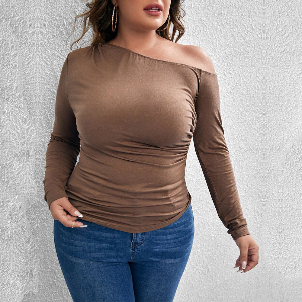 plus Size Women Clothes Slim Fit Slim Sexy off the Shoulder Diagonal Collar Knitted Long Sleeved T shirt Top
