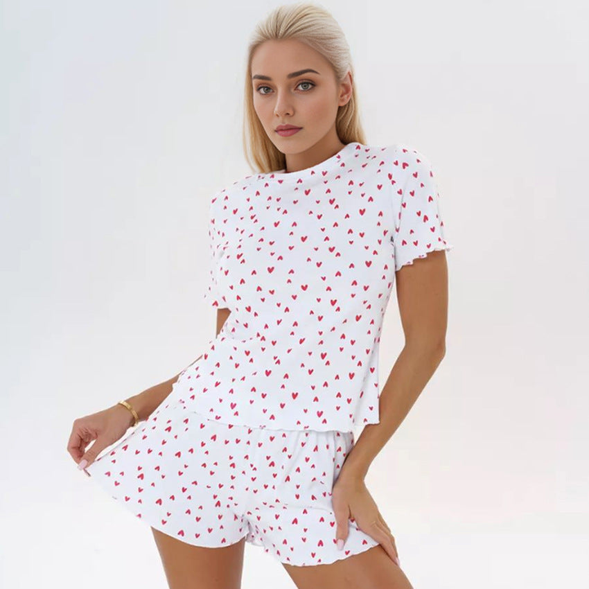 Spring Heart Printing Ruffled Short Short Sleeve Shorts Two Piece Pajamas Ladies Homewear