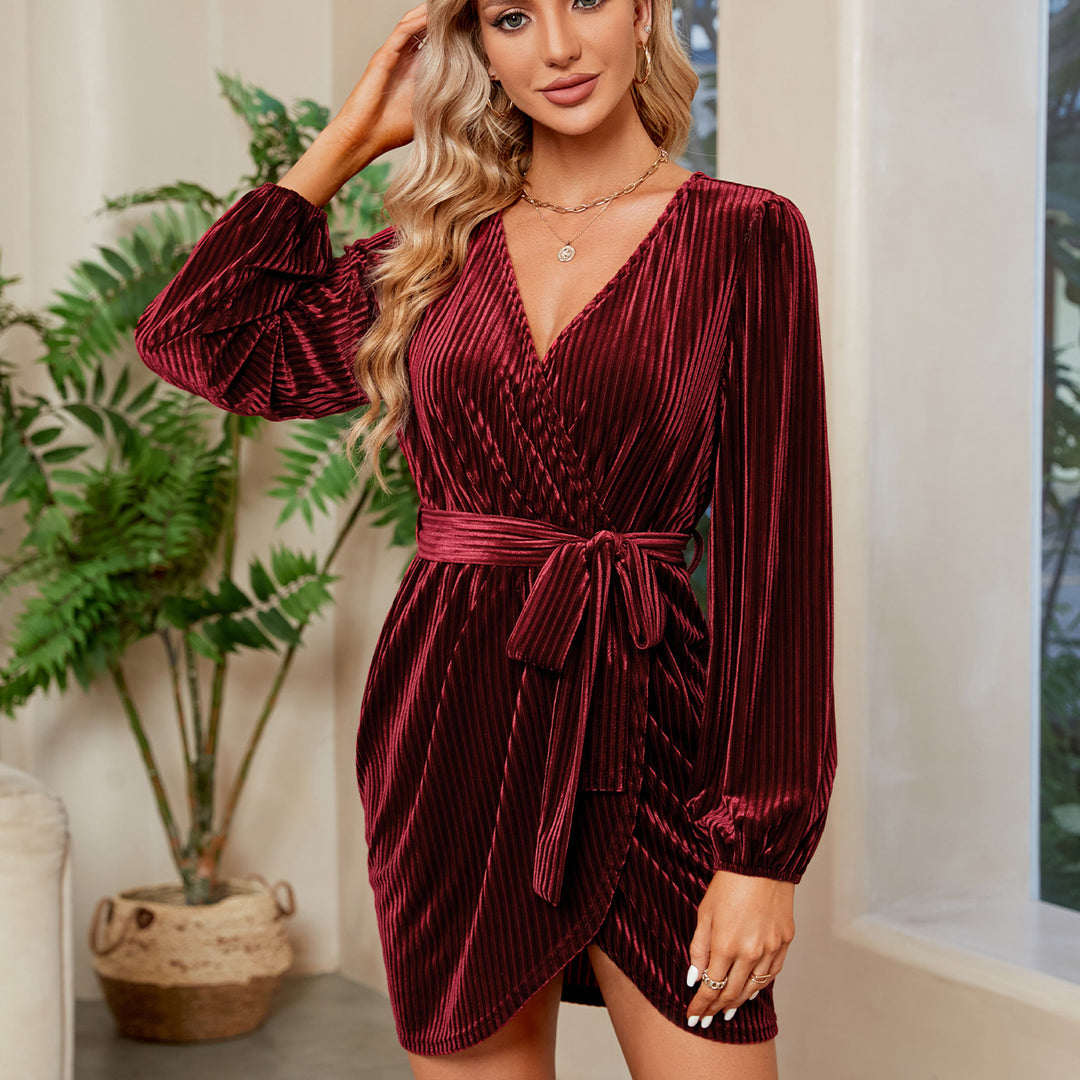 Long Sleeve Wrap Semi-Formal Velvet Mini Dress Sexy Cocktail Party Winter Club Dress