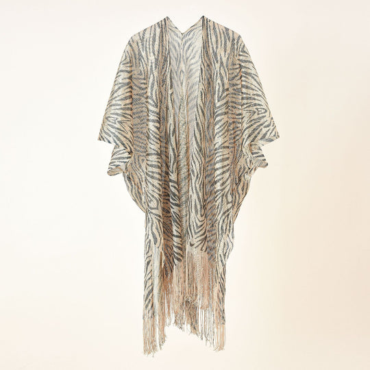 Spring Summer Street Striped Printed Tassel Sun Proof Shawl Cardigan