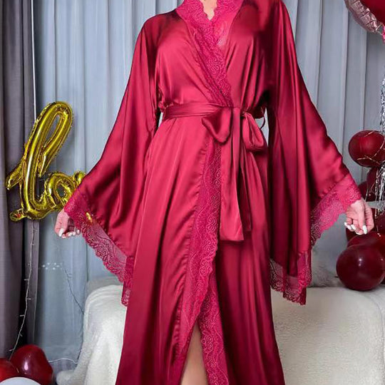 Satin Pajamas Women Lace Light Luxury Long Sleeve Cool Nightgown Bathrobe Home Wear Women