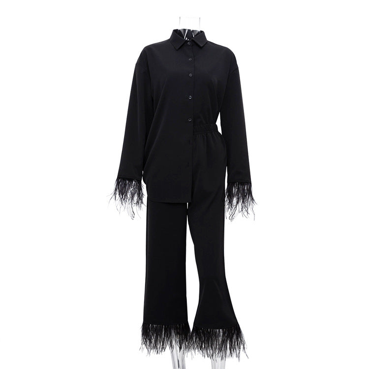 Spring Summer Special-Interest Design Long Sleeve Feather Shirt Casual Cropped Pants Suit