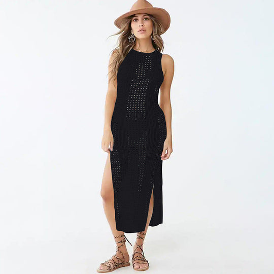 Knitted Sexy Hollow Out Cutout Split Beach Cover-up Dress Vacation Sun Protection Shirt Beach Cover Up