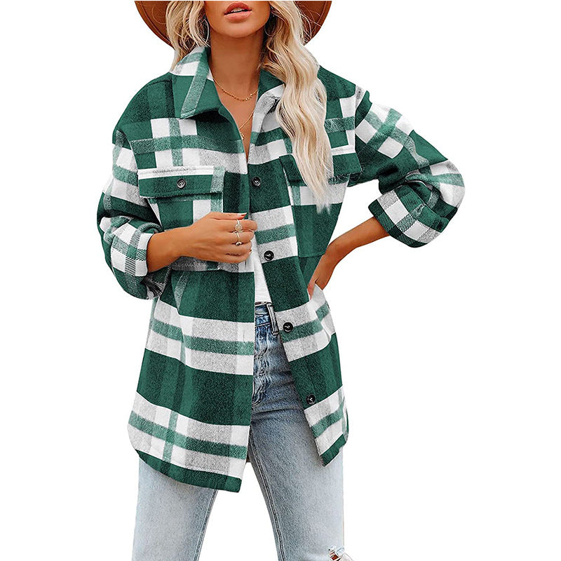 Women Clothing Autumn Winter New Plaid Button Shacket Flannel Woolen Coat Coat