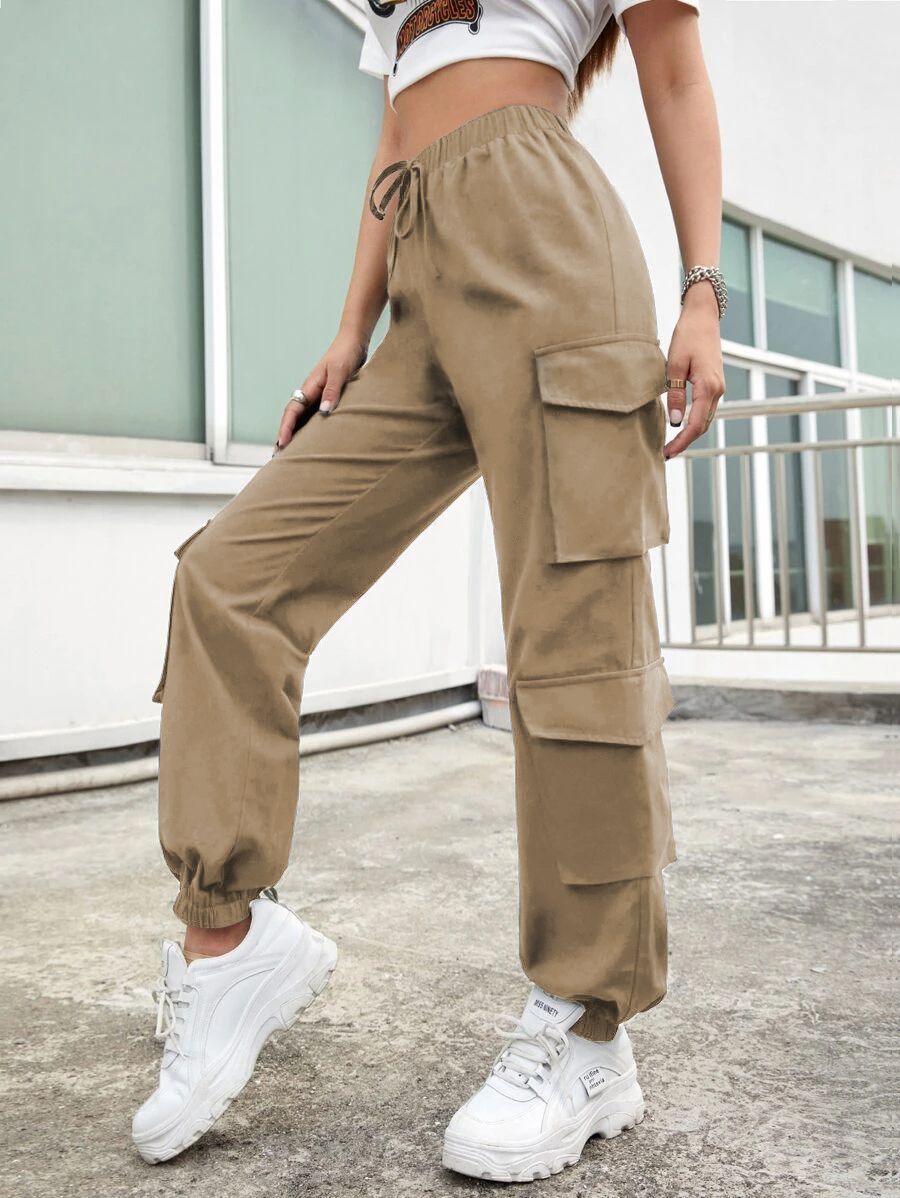High Street Hip Hop Women Pants Trendy Trousers Multi Pocket Street Overalls Loose Straight Leg Ankle Banded Pants