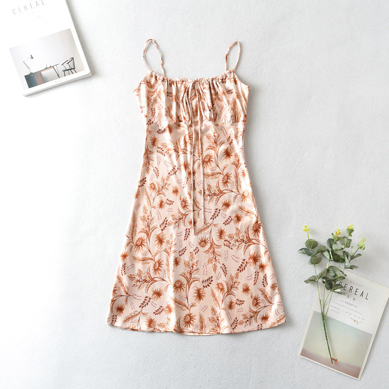 Sundress Spring French Minority Printed Satin Short Strap Dress