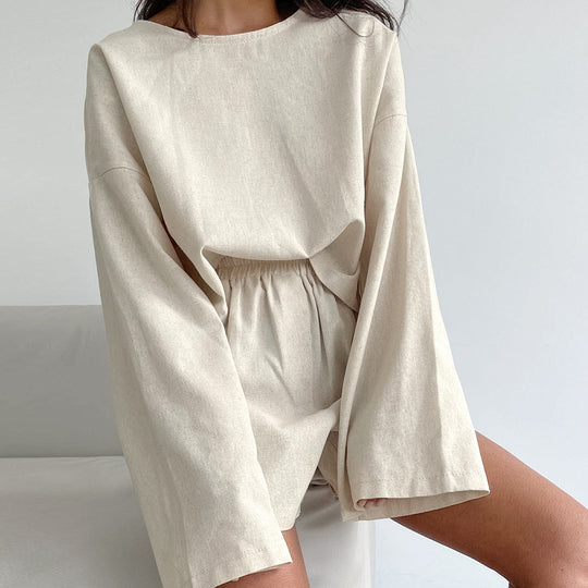 Spring Cotton Linen Round Neck Long Sleeve Shorts Pajamas Two Piece Set Simple Comfortable Ladies Homewear